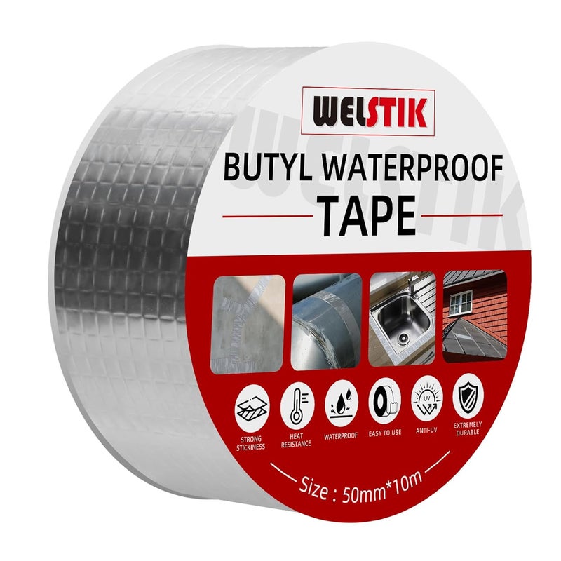 WELSTIK شريط من الألومنيوم والبوتيل 50 مم × 10 م (2 بوصة × 33 قدم)، شريط مانع للتسرب مقاوم للماء، شريط فضي لإصلاح تسرب السقف للمركبات الترفيهية، النوافذ، الأنابيب، المزاريب، الوميض، وأسطح الزجاج والمعدن - Image 1