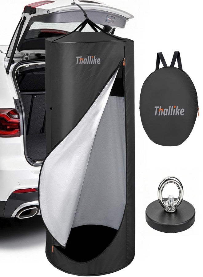 Thallike Pop Up Changing Tent for Car, 71in Portable Camping Shower Tent with Strong Magnetic Suction Cups & Hanging Strap, Privacy Bathroom Toilet Pod with Interior Clothesline, Hooks, Carry Bag (Black) - Image 1