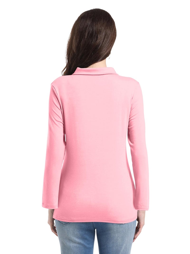 PGANDS Womens Collared Polo Shirts Long Sleeve V Neck Button Down Casual Athletic Tops Golf Sport Tee Pink Small - Image 4