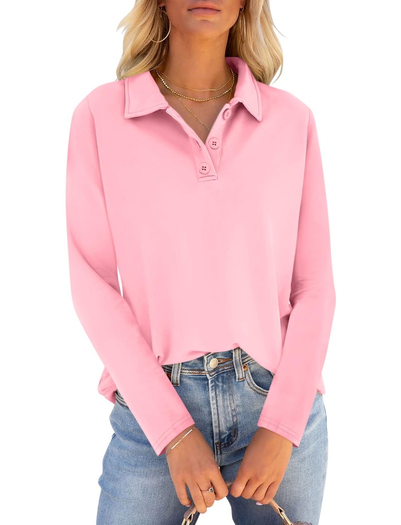 PGANDS Womens Collared Polo Shirts Long Sleeve V Neck Button Down Casual Athletic Tops Golf Sport Tee Pink Small - Image 1