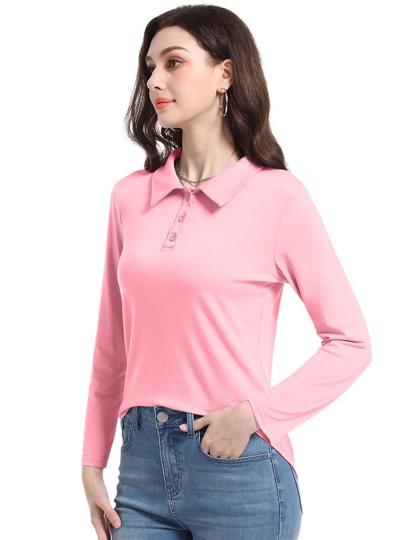 PGANDS Womens Collared Polo Shirts Long Sleeve V Neck Button Down Casual Athletic Tops Golf Sport Tee Pink Small - Image 3