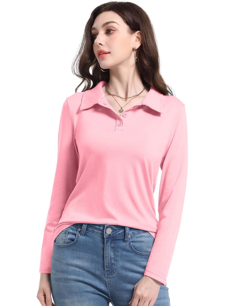 PGANDS Womens Collared Polo Shirts Long Sleeve V Neck Button Down Casual Athletic Tops Golf Sport Tee Pink Small - Image 2