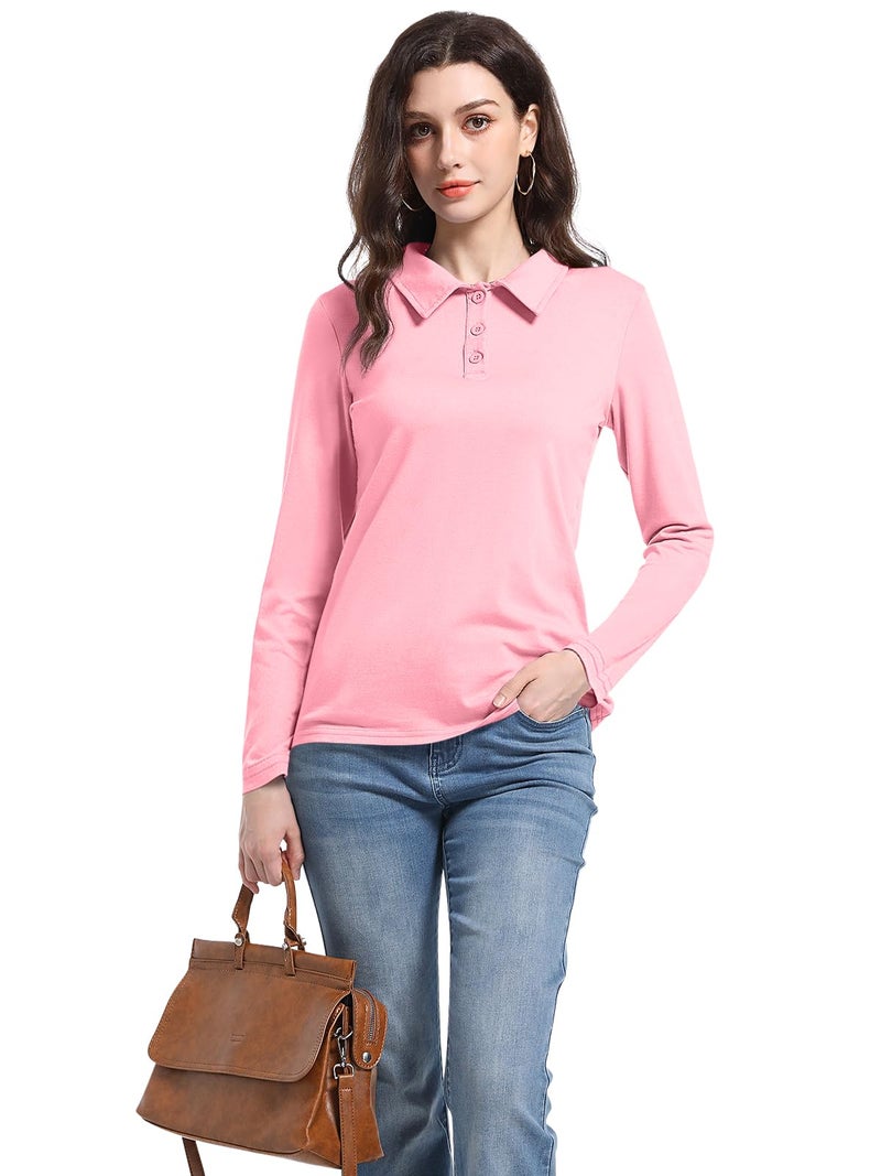 PGANDS Womens Collared Polo Shirts Long Sleeve V Neck Button Down Casual Athletic Tops Golf Sport Tee Pink Small - Image 5