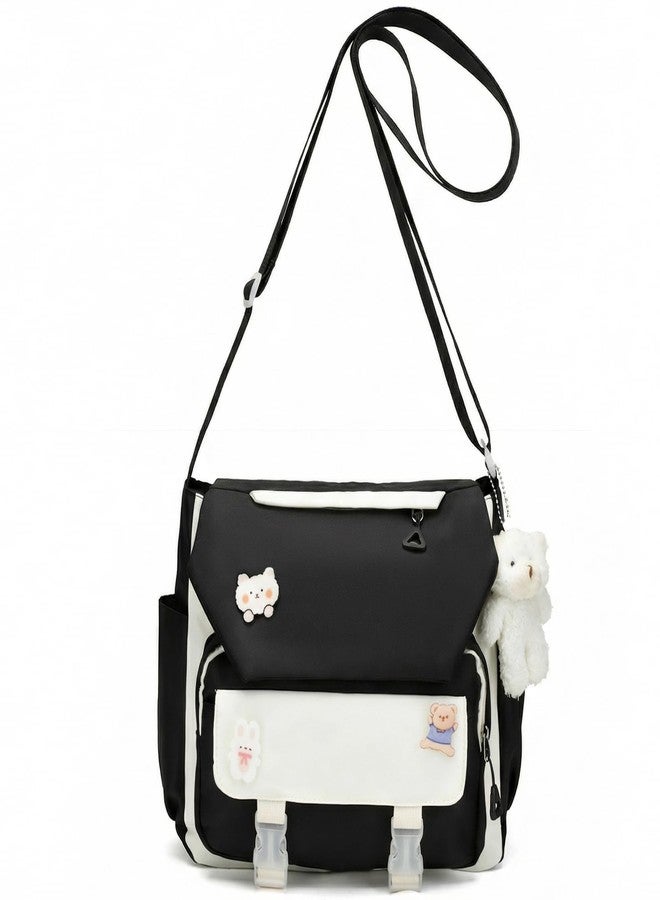 PRLINJSK Cute Messenger Bag for Teen Girls Women, Kawaii Crossbody Shoulder Purse with Pins and Stuffed Pendant Gift, Black, Large, Messenger Bag - Image 1