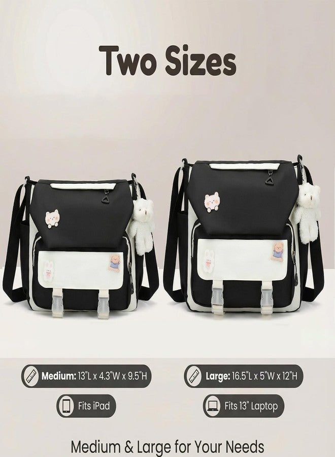 PRLINJSK Cute Messenger Bag for Teen Girls Women, Kawaii Crossbody Shoulder Purse with Pins and Stuffed Pendant Gift, Black, Large, Messenger Bag - Image 4