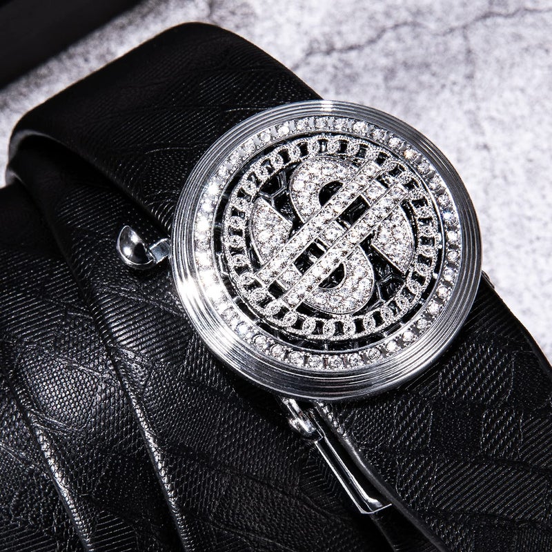 Dubulle Mens Belt Ratchet Silver Fashion Rhinestone Automatic Slip Buckle Casual Belt Strap - Trim to Fit - Image 3