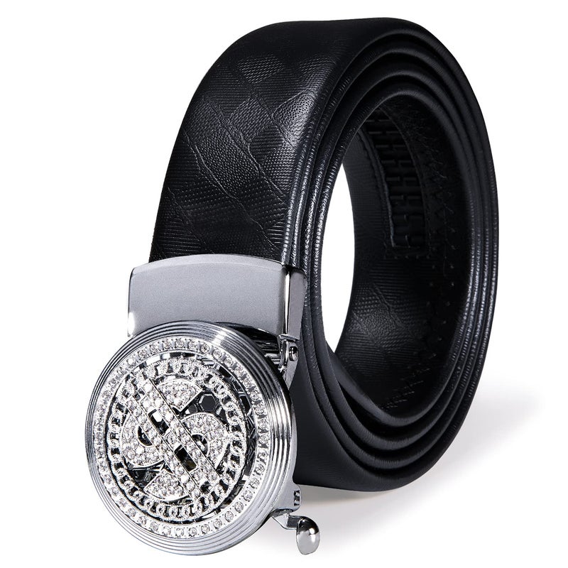 Dubulle Mens Belt Ratchet Silver Fashion Rhinestone Automatic Slip Buckle Casual Belt Strap - Trim to Fit - Image 1