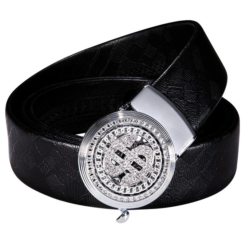 Dubulle Mens Belt Ratchet Silver Fashion Rhinestone Automatic Slip Buckle Casual Belt Strap - Trim to Fit - Image 2
