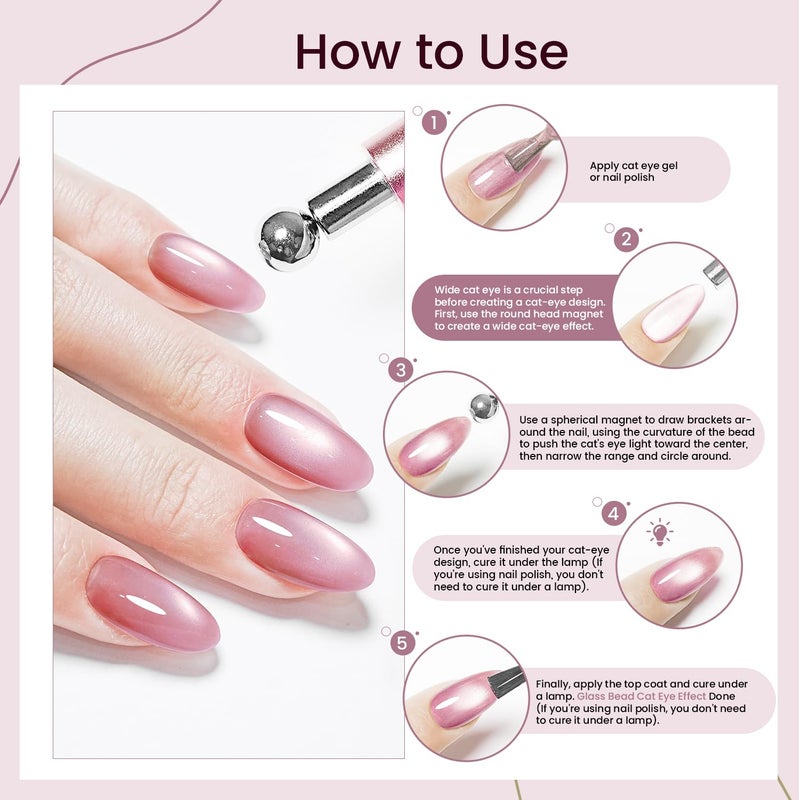 JODSONE 3-in-1 Cat Eye Magnet Nail Art Tool,Pink Gold Cylindrical & Round Ball Nail Magnet Pens, Multi-Effect Magnets for Cat Eye Gel Polish DIY at Home Salon(Magnet Only, No Gel Included) - Image 4