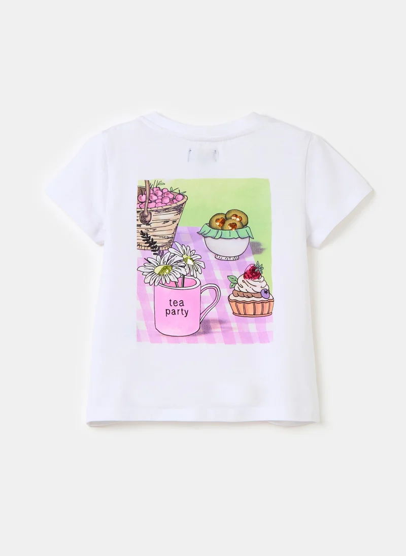 او في اس T-shirt with print and sequins