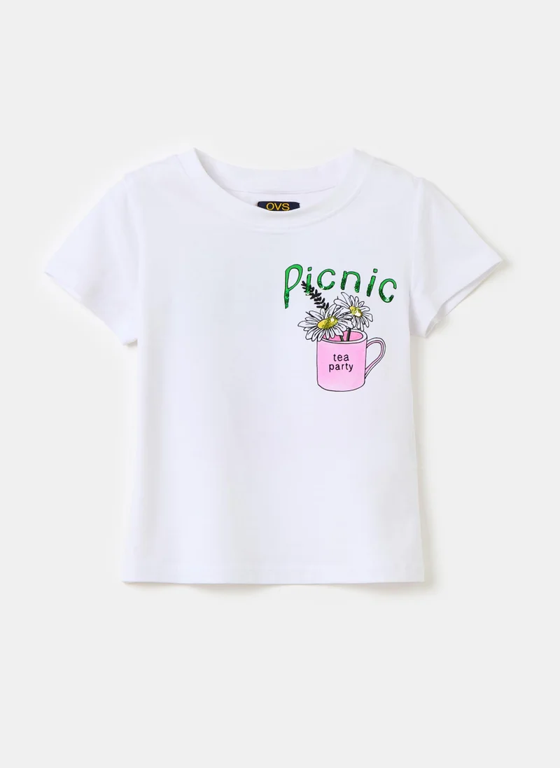 او في اس T-shirt with print and sequins