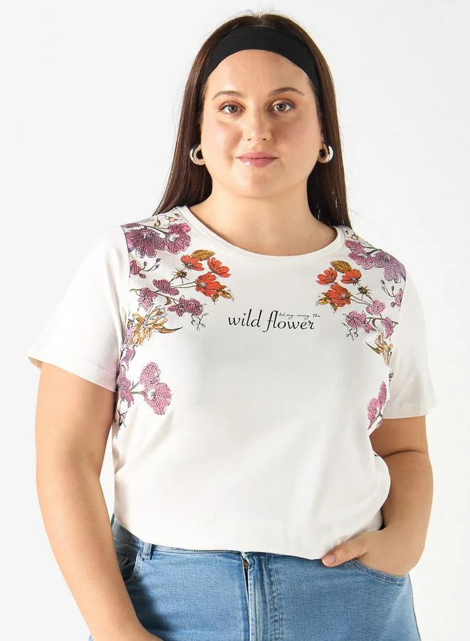 Ulla Popken Plus Size Ulla Popken Floral Print Crew Neck T-shirt with Short Sleeves