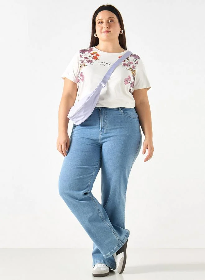 Ulla Popken Plus Size Ulla Popken Floral Print Crew Neck T-shirt with Short Sleeves