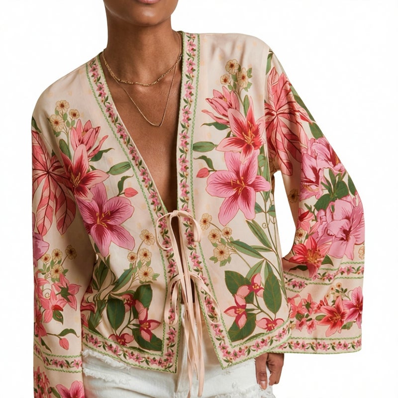Floral Print Cardigan Jacket Women Casual Outerwear - Image 1