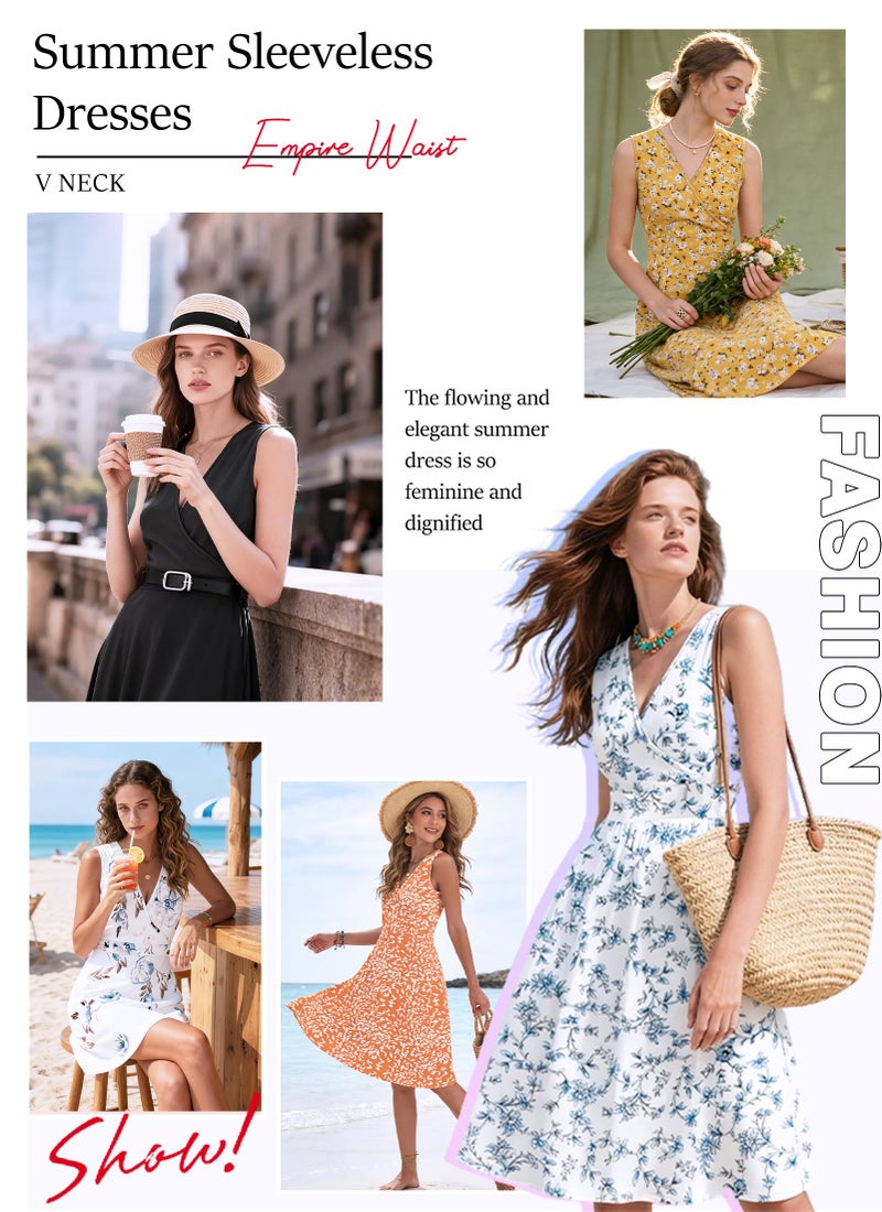 AUSELILY Summer Dress for Women Wrap Knee Length Sleeveless V Neck Petite Sundress with Pockets, Black White Flowers L - Image 3