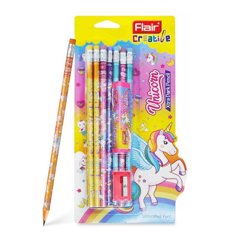 FLAIR Unicorn Kit Of Pencils, Eraser & Sharpener | Helps Achieving Neat & Clean Handwriting | Ergonomic Design With Rubber Tip | Multicolor, Set of 1 - Image 1