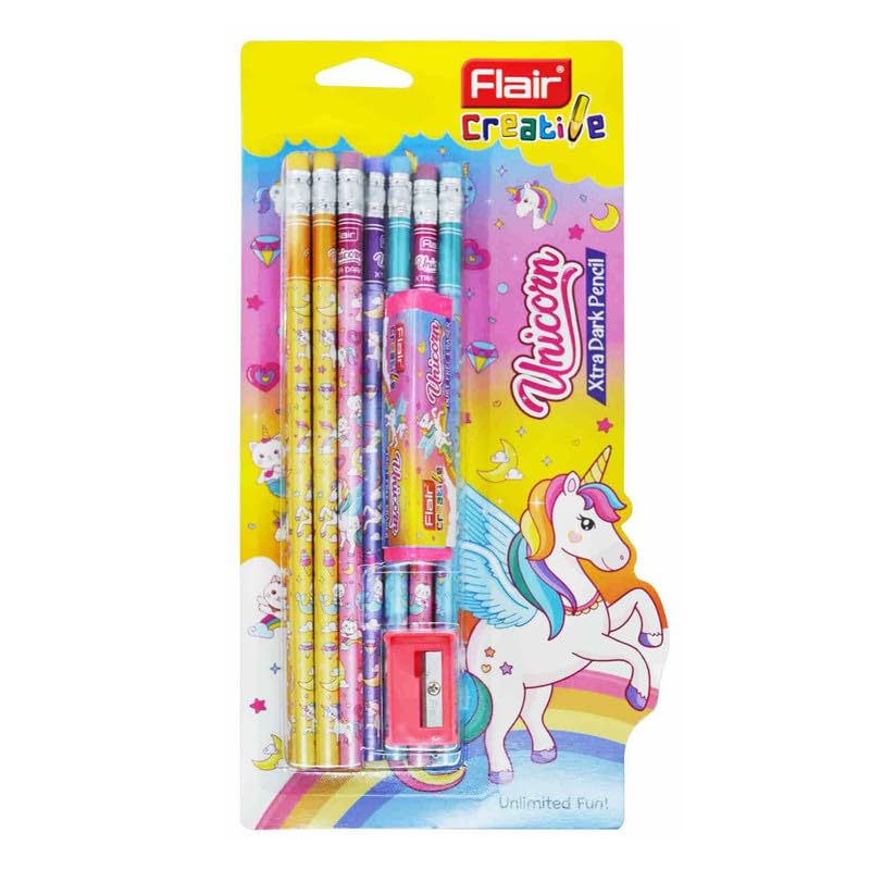 FLAIR Unicorn Kit Of Pencils, Eraser & Sharpener | Helps Achieving Neat & Clean Handwriting | Ergonomic Design With Rubber Tip | Multicolor, Set of 1 - Image 2
