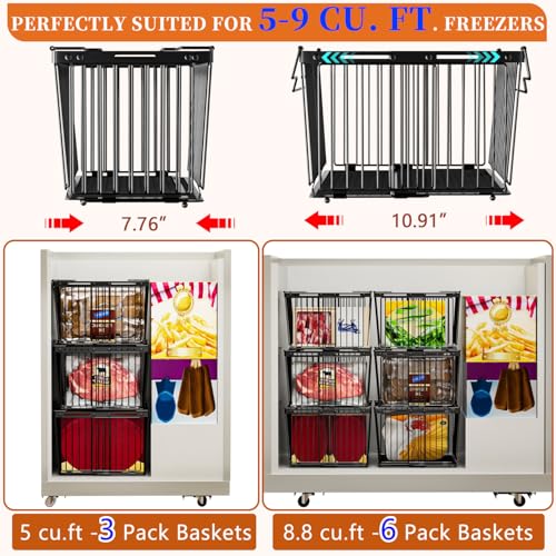 ANJUBAN Large Freezer Organizer Bins，Upgraded Bottom Leak-Proof net，Fit 5 to 9 Cu Ft Chest Freezer，3 Pack， Expandable Stackable Chest Freezer Containers with Handle (Black-3Pack) - Image 5