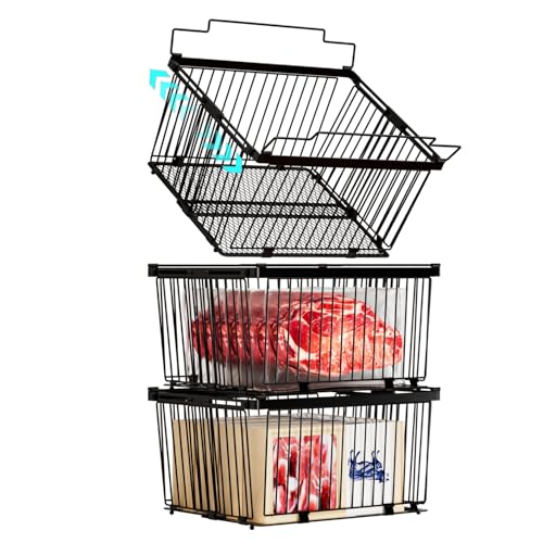 ANJUBAN Large Freezer Organizer Bins，Upgraded Bottom Leak-Proof net，Fit 5 to 9 Cu Ft Chest Freezer，3 Pack， Expandable Stackable Chest Freezer Containers with Handle (Black-3Pack) - Image 1