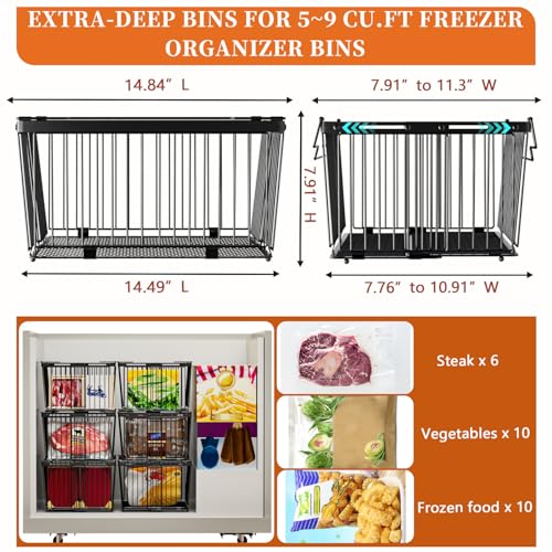 ANJUBAN Large Freezer Organizer Bins，Upgraded Bottom Leak-Proof net，Fit 5 to 9 Cu Ft Chest Freezer，3 Pack， Expandable Stackable Chest Freezer Containers with Handle (Black-3Pack) - Image 4