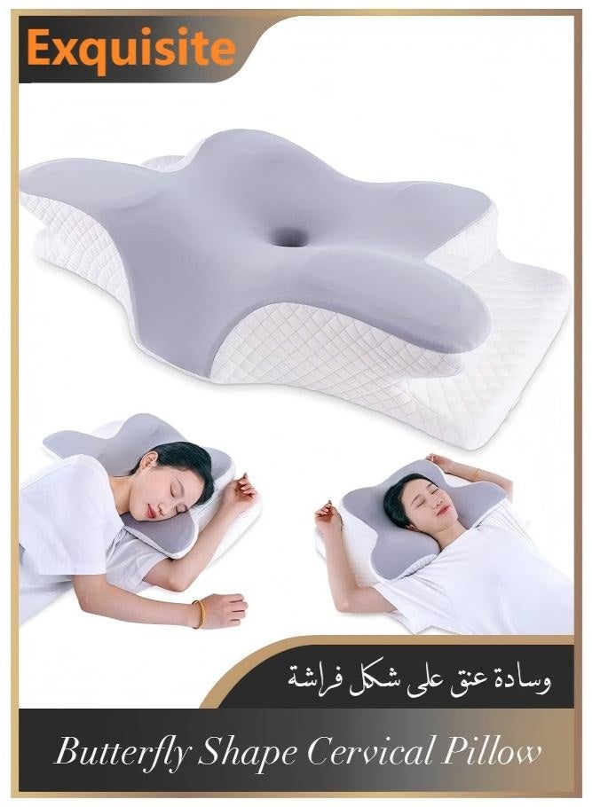 Exquisite Butterfly Shape Cervical Pillow for Shoulder and Neck Pain Relief, Memory Foam Neck Pillow, Ergonomic Orthopedic Neck Support Pillow for Side Back Stomach Sleeping with Washable Cover (Grey) - Image 1