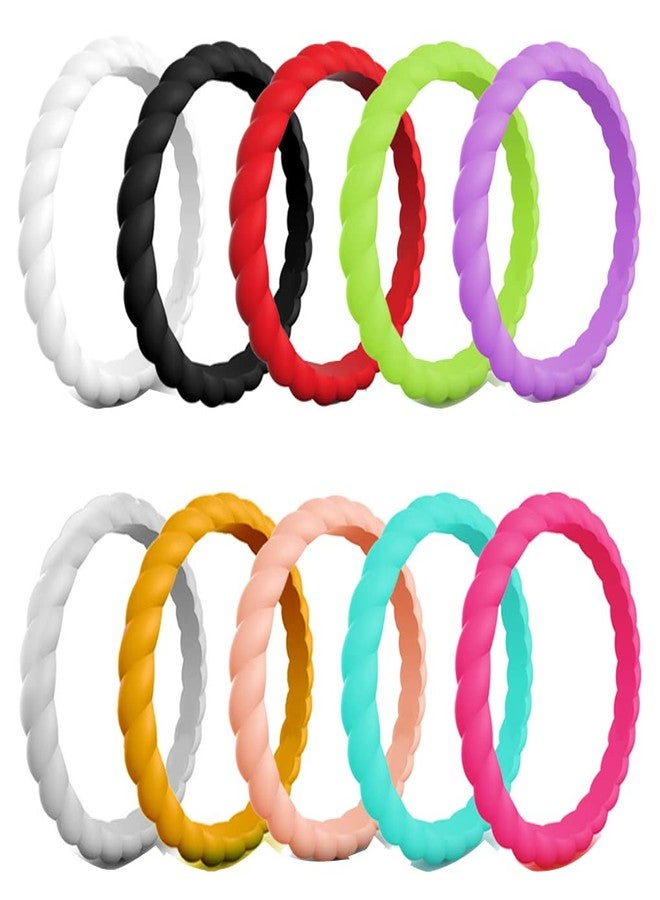 AZYOUNG Womens 3mm Wide Twist Silicone Wedding Ring 10pcs Pack Red Purple Blue Stackable Rubber Bands -US Size 4-10 (7) - Image 1