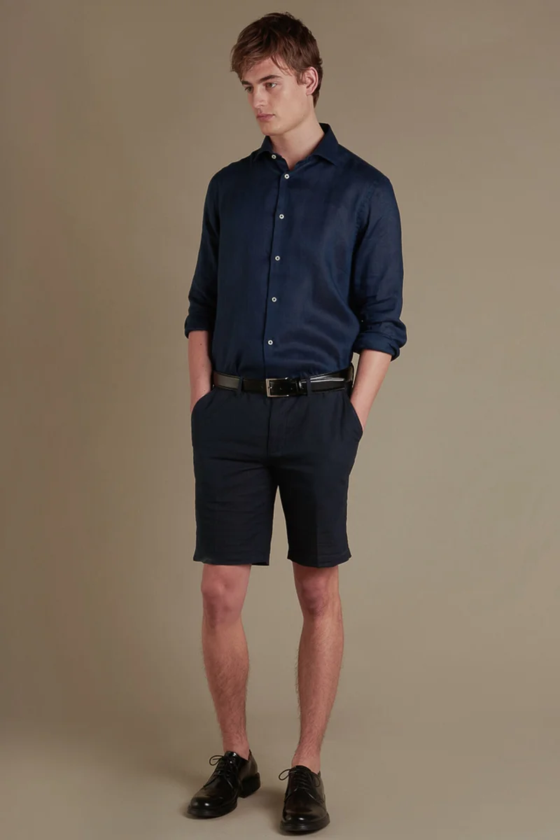 Chino bermuda double pinces linen and - DK Blue