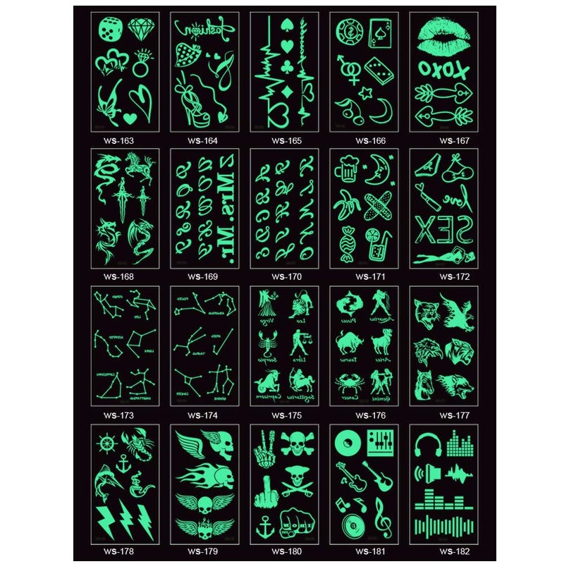 20 Sheets Glow In Dark Temporary Tattoo Stickers Luminous Fluorescent Waterproof Tattoos Water Transfer Fake Body Tattoo Stickers Fun For Party Festival Club Decoration DIY Accessories