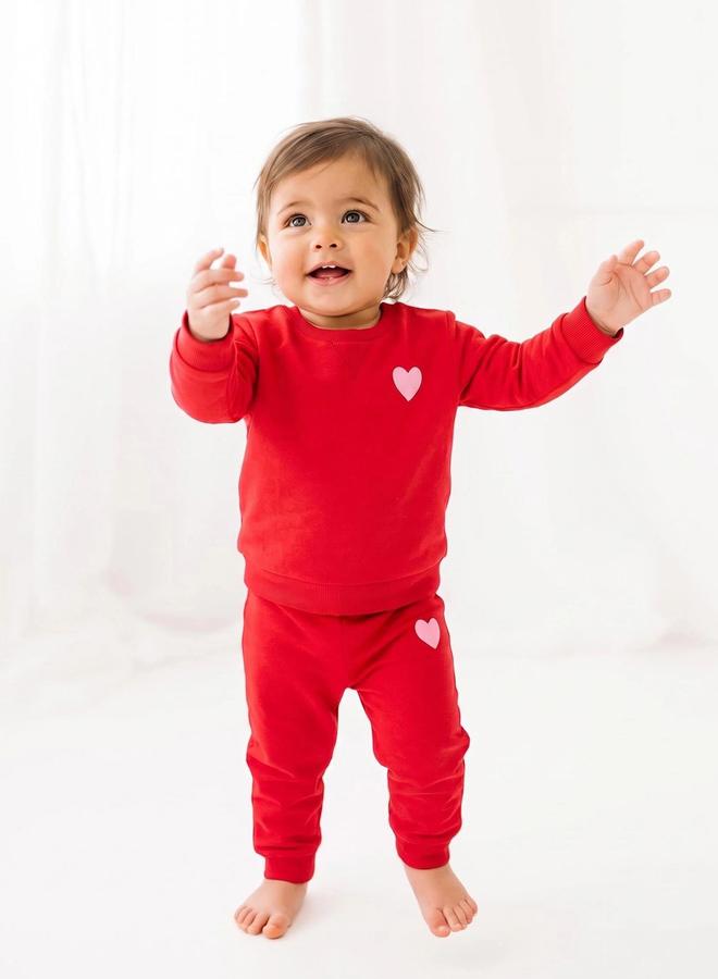 Styli Baby Girl Red Heart Print Full Length Joggers - Image 1