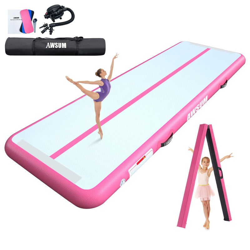 AWSUM 6.6ft Gymnastics Mat with Balance Beam, 4" Thick Inflatable Tumbling Mat Track & Foldable Anti-Slip Beam, Gym Equipment for Kids, with Electric Pump - Image 1