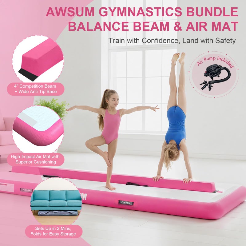 AWSUM 6.6ft Gymnastics Mat with Balance Beam, 4" Thick Inflatable Tumbling Mat Track & Foldable Anti-Slip Beam, Gym Equipment for Kids, with Electric Pump - Image 2