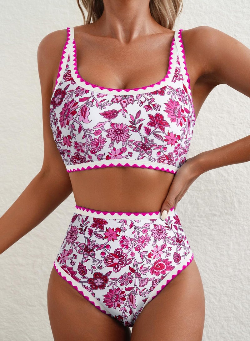 Herseas Women's Bikini Sets Floral Color Block Trim Two Piece Swimsuits High Waisted Scoop Wire Free Flattering Bathing Suits Sporty Chic Resort Essentials Rose Medium - Image 5