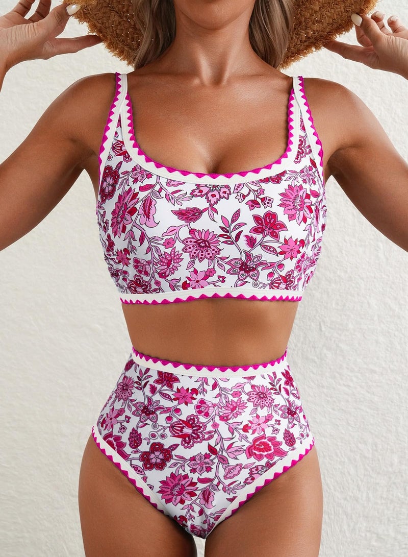 Herseas Women's Bikini Sets Floral Color Block Trim Two Piece Swimsuits High Waisted Scoop Wire Free Flattering Bathing Suits Sporty Chic Resort Essentials Rose Medium - Image 3