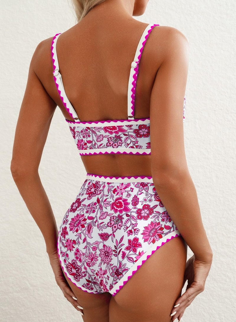 Herseas Women's Bikini Sets Floral Color Block Trim Two Piece Swimsuits High Waisted Scoop Wire Free Flattering Bathing Suits Sporty Chic Resort Essentials Rose Medium - Image 2