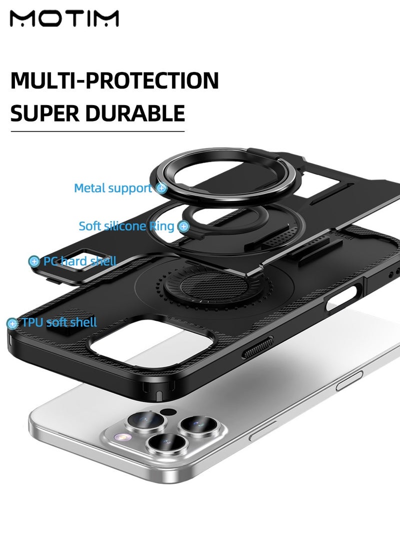 Motim iPhone 16 Pro/Pro Max Carbon Fibre Case Cover, Build in Invisible Ring Stand, MIL-Grade Drop Protection, Anti-Scratch 16 Pro/Pro Max Case with 360° Kickstand, Heat dissipation function - Image 3