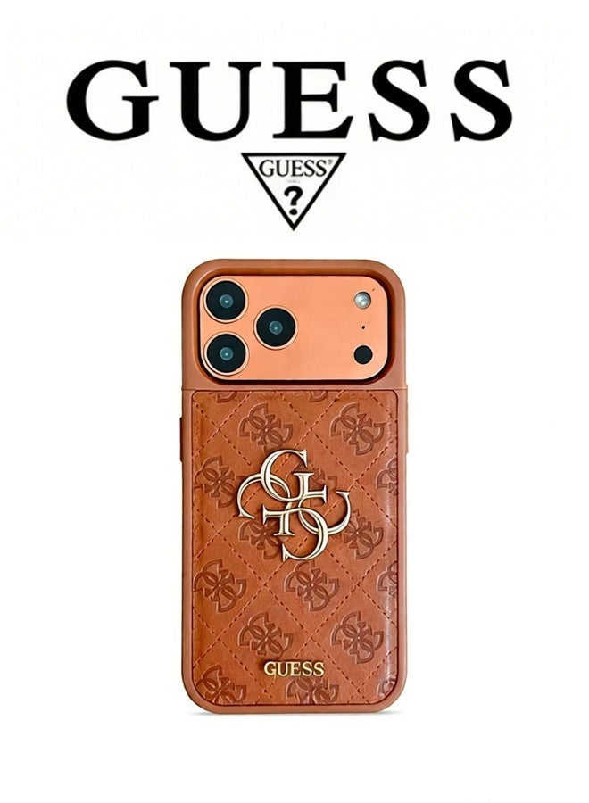 جس غطاء هاتف آيفون، بشعار وتصميم جلدي معتمد من العلامة التجارية العالمية Guess. جراب هاتف من الجلد المبطن من Guess، موديلات متنوعة - برتقالي - Image 1