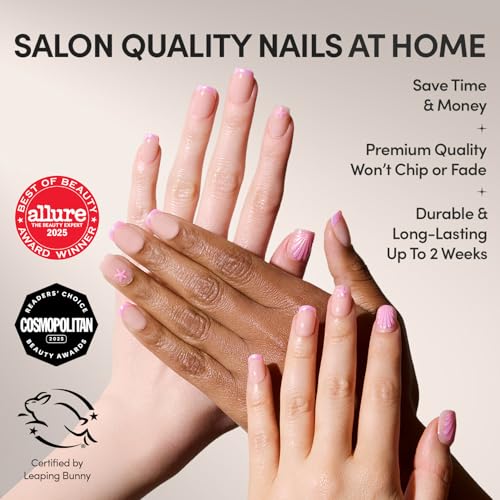 Glamnetic Press On Nails Blush Dunes Short Squoval Fake Nails with Pink French Tips and 3D Accents Salon Quality Summer Nails 15 Sizes 30 Nail Kit with Glue - Image 3