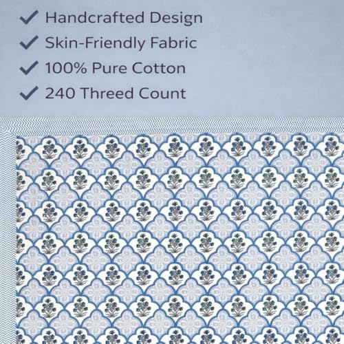 ElanorHomes 240 TC Jaipuri Cotton King Size Bedsheet (90x108 Inches) with 2 Pillow Covers | Handblock Floral Print | Soft, Breathable & Cooling Bed Sheet for Double Bed | (Blue Blossom) - Image 3