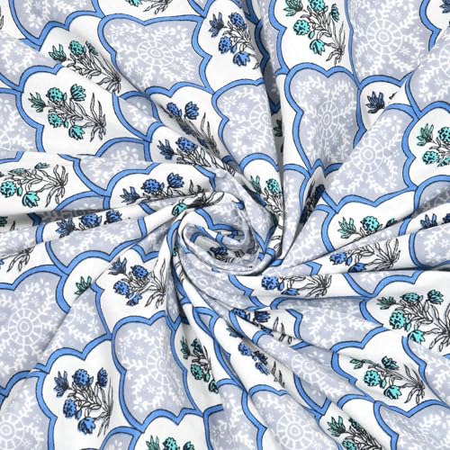 ElanorHomes 240 TC Jaipuri Cotton King Size Bedsheet (90x108 Inches) with 2 Pillow Covers | Handblock Floral Print | Soft, Breathable & Cooling Bed Sheet for Double Bed | (Blue Blossom) - Image 2