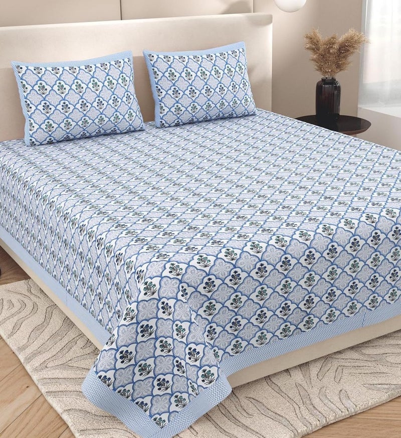 ElanorHomes 240 TC Jaipuri Cotton King Size Bedsheet (90x108 Inches) with 2 Pillow Covers | Handblock Floral Print | Soft, Breathable & Cooling Bed Sheet for Double Bed | (Blue Blossom) - Image 1