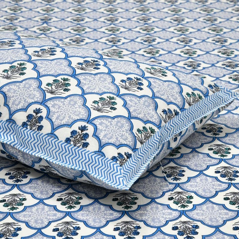 ElanorHomes 240 TC Jaipuri Cotton King Size Bedsheet (90x108 Inches) with 2 Pillow Covers | Handblock Floral Print | Soft, Breathable & Cooling Bed Sheet for Double Bed | (Blue Blossom) - Image 4