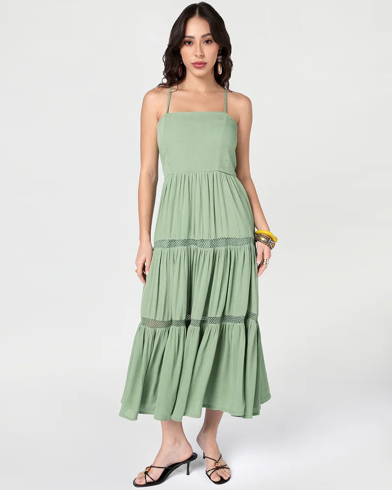 بيواكوف Women's Light Green Textured Flared Maxi Dress