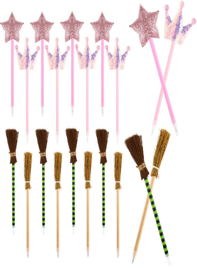 Hokoad 32 Pack Witch and Princess Party Favors, Pink Princess Star, Crown and Witch Broom Ballpoints, Wizard Themed Gifts Pink and Green Favors for Halloween Classroom, Including 24 Ballpoints and 8 Pencils - Image 1