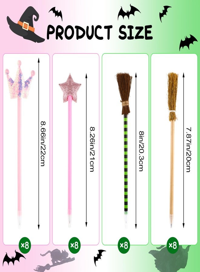 Hokoad 32 Pack Witch and Princess Party Favors, Pink Princess Star, Crown and Witch Broom Ballpoints, Wizard Themed Gifts Pink and Green Favors for Halloween Classroom, Including 24 Ballpoints and 8 Pencils - Image 3