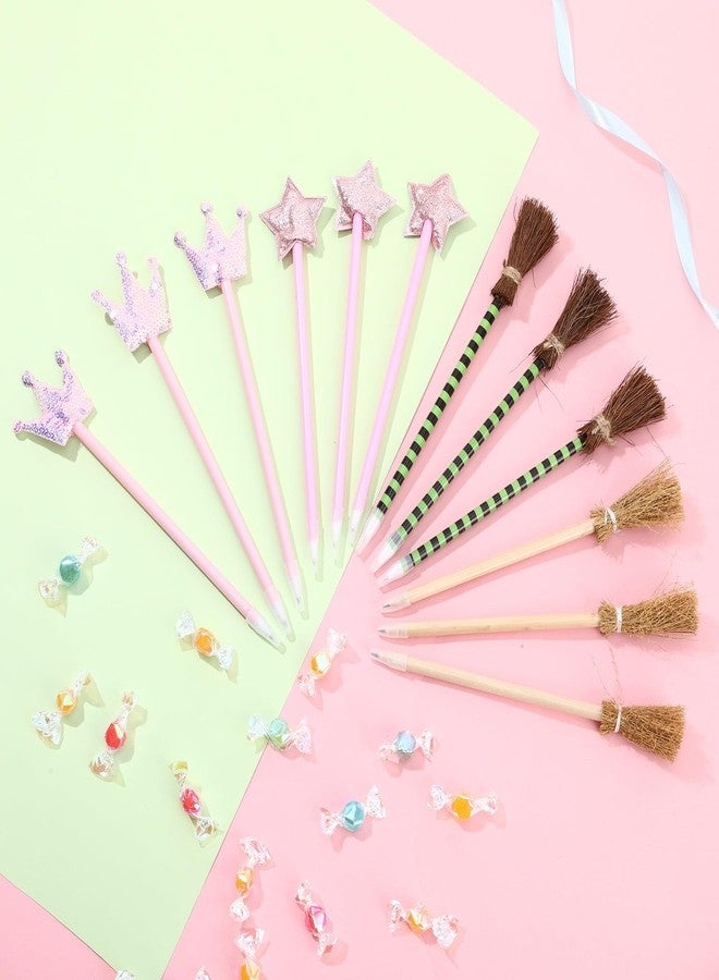 Hokoad 32 Pack Witch and Princess Party Favors, Pink Princess Star, Crown and Witch Broom Ballpoints, Wizard Themed Gifts Pink and Green Favors for Halloween Classroom, Including 24 Ballpoints and 8 Pencils - Image 4
