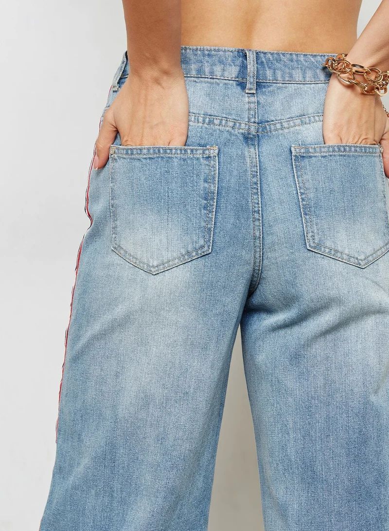 Missguided Wide Leg Side Stripe Cropped Jean Light