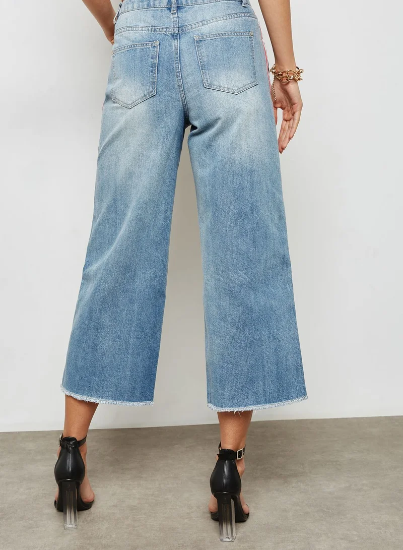 Missguided Wide Leg Side Stripe Cropped Jean Light