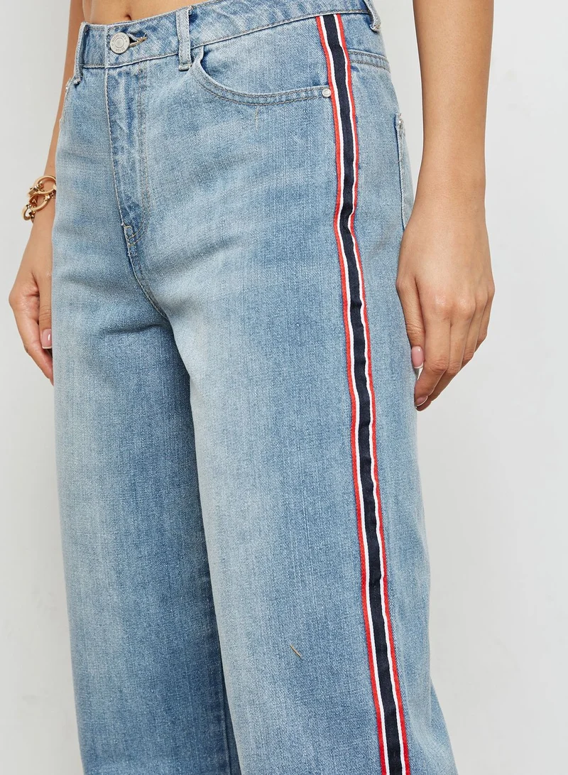Missguided Wide Leg Side Stripe Cropped Jean Light