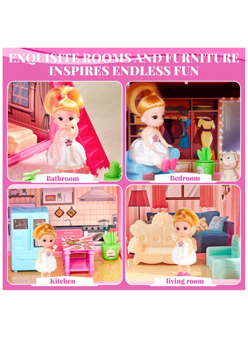 Dollhouse Dream House for Girls Pretend Toys 4 Story 13 Rooms Dollhouse with Dolls Figure, Puppies ,Furnitures, Accessories, LED Light, Toddler Playhouse Gift  - Image 3