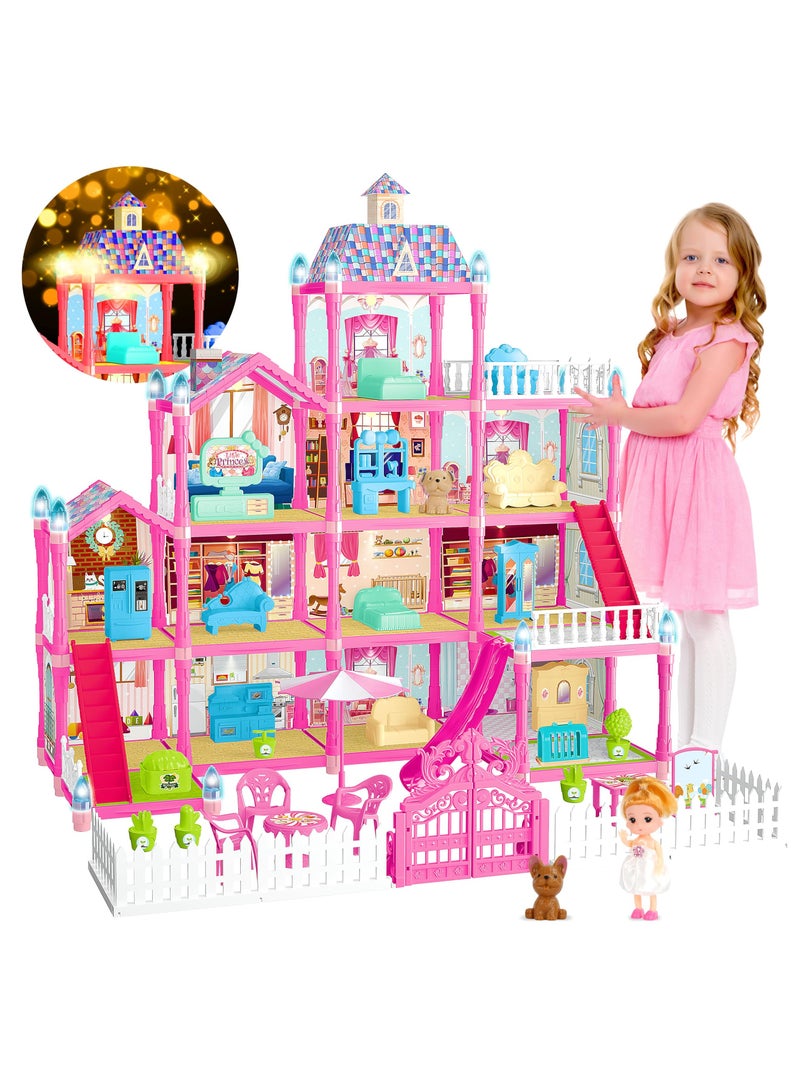 Dollhouse Dream House for Girls Pretend Toys 4 Story 13 Rooms Dollhouse with Dolls Figure, Puppies ,Furnitures, Accessories, LED Light, Toddler Playhouse Gift  - Image 1